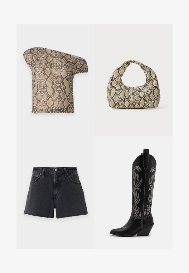 Tekstūruotas, smėlio ir rudos spalvos gyvatės odos rašto audinio gabalas su asimetrine forma, sukurtas unikaliam, moderniam įvaizdžiui.; Aukštos juostos juodi džinsiniai šortai su nusitrynusiais kraštais, penkių kišenių dizainas, metalinis mygtuko užsegimas ir subtili kontrastinė siuvinė.; Juodi oda kaubojiški batai su smailiu nosiu, stulpeliu ir sidabriniais siuvinėti gėlių raštais palei šoną. Kontrastingas siuvinėjimas visoje bato dalyje.; Gyvatės rašto rankinė su kreiviu rankenėle. Pagaminta iš tekstūruotų smėlio ir rudos spalvos medžiagų, su išskirtiniu rombo raštu.