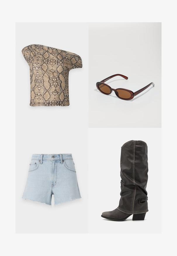 Tela texturizada en tonos beige y marrón con un patrón de piel de serpiente, con una forma asimétrica, diseñada para un aspecto moderno y único.; Shorts de mezclilla azul claro con cintura alta, dobladillo deshilachado y cinco bolsillos. Presenta un botón de metal y costuras en contraste.; Botas de cuero gris hasta la pantorrilla con un diseño holgado, punta afilada y tacón apilado. Detalle de costura notable en la zona de los dedos.; Gafas de sol redondas con tinte marrón y un marco burdeos brillante. Patillas delgadas con un sutil detalle de marca. Diseño de lentes planos.; Bolso de mano con estampado de serpiente y asa curvada. Hecho de materiales texturizados en tonos beige y marrón, con un patrónen diamante distintivo.