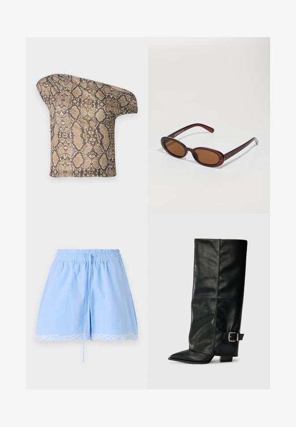 Textúrovaný kúsok látky s hnedo-bežovým hadím vzorom, s asymetrickým tvarom, navrhnutý pre jedinečný, moderný vzhľad.; Svetlomodré bavlnené šortky s elastickým pásom, detailom šnúrky a bielym čipkovaným lemom. Mäkko textúrované a voľný strih.; Čierne kožené členkové topánky s špicatou špičkou, hladkou textúrou a striebornou prackou na boku. Masívny štvorcový podpätok.; Okrúhle slnečné okuliare s hnedým nádychom a lesklým burgundským rámom. Úzke ramená s jemným brandovaním. Plochej šošovky dizajn.; Kabelka s hadím vzorom a zakriveným rukoväťou. Vyrobená z textúrovaných béžových a hnedých materiálov, s charakteristickým diamantovým vzorom.