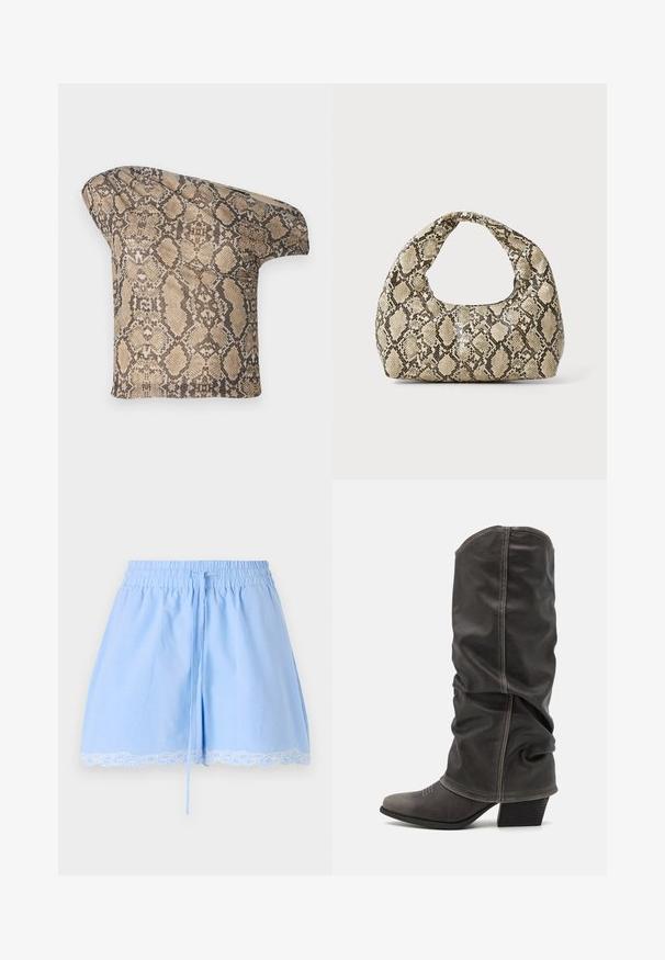 Teksturert, beige og brun læraktig stoffbit med slangeskinnmønster i en asymmetrisk form, designet for et unikt, moderne utseende.; Lyseblå bomullsshorts med strikket midje, snøring og hvit blonderkant nederst. Myk tekstur og løs passform.; Grå skinnstøvletter i kalvhøyde med et slaskete design, spiss tå og stablet hæl. Merkbar sømdetalj på tåområdet.; Veske med slangeskinnmønster og krummet håndtak. Laget av teksturerte, beige og brune materialer, med et særegent diamantmønster.