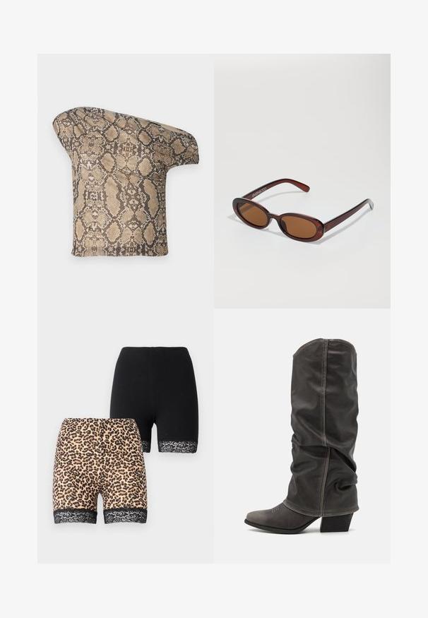 Strukturēts, beigs un brūns čūskādains auduma gabals ar asimetrisku formu, veidots unikālam, modernam izskatam.; Divi šorti: vieni no tiem ir melnā krāsā, otrais ir smilškrāsā leopardu rakstā ar melnu meža apdari apakšmalē. Abi ir vidēja garuma.; Pelēki ādas zābaki līdz potītēm ar brīvu dizainu, smailo pirkstu un salikto papēdi. Ievērojama šuvju detaļa uz pirksta zonas.; Apaļas, brūnīgi nokrāsotas saulesbrilles ar spīdīgu bordo rāmīti. Šauri kāti ar diskrētu zīmola detaļu. Plakana objektīva dizains.; Čūsku raksta soma ar izliekto rokturi. Izgatavota no teksturētiem, bēšiem un brūniem materiāliem, ar izteiksmīgu dimanta rakstu.