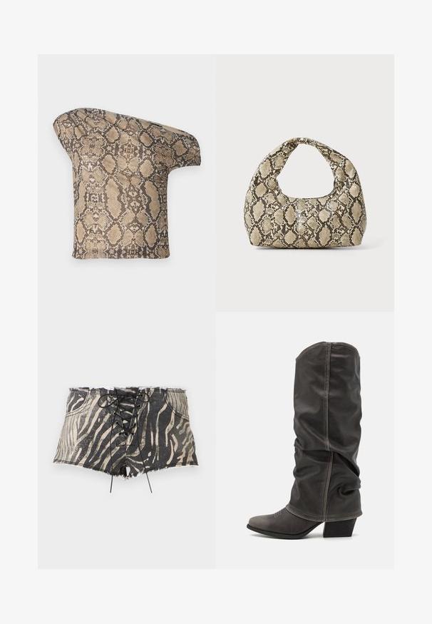 Textured, beige and brown snake skin-patterned fabric piece with an asymmetrical shape, designed for a unique, modern look.; Denim shorts with a black and beige zebra print, featuring a lace-up front, frayed hem, and pockets on each side.; Gray leather calf-high boots with a slouchy design, pointed toe, and stacked heel. Notable stitching detail on the toe area.; Snake-print handbag with a curved handle. Made from textured, beige and brown materials, featuring a distinctive diamond pattern.
