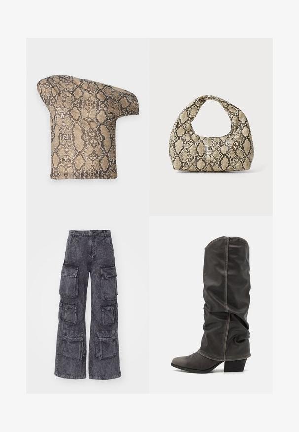 Un morceau de tissu à motif serpent texturé en beige et brun, avec une forme asymétrique, conçu pour un look moderne et unique.; Alpha Industries MULTIPOCKET PANT - Pantalon cargo - black; Bottines en cuir gris hauteur mollet avec un design décontracté, bout pointu et talon empilé. Détails de couture remarquables sur la zone des orteils.; Sac à main en motif serpent avec une poignée incurvée. Fabriqué à partir de matériaux texturés beiges et bruns, présentant un motif en diamant distinctif.