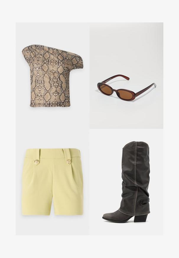 Texturiertes, beige-braunes Stoffstück im Schlangenhautmuster mit asymmetrischer Form, entworfen für einen einzigartigen, modernen Look.; Helle gelbe Shorts aus glattem Stoff, mit zwei vorderen Falten und goldenen dekorativen Knöpfen am Bund. Maßgeschneiderte Verarbeitung.; Graue Lederstiefel bis zur Wade mit einem lässigen Design, spitzer Zehenform und gestapelt Hohem Absatz. Auffällige Nähte im Bereich der Zehen.; Runde, braun getönte Sonnenbrillen mit einem glänzenden burgunderfarbenen Rahmen. Schlanke Bügel mit dezentem Branding. Flaches Linsendesign.; Schlangenmuster-Tasche mit einem gebogenen Griff. Hergestellt aus strukturierten, beige- und braunfarbenen Materialien, die ein markantes Diamantmuster aufweisen.