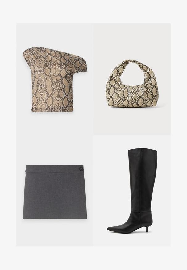 Texturiertes, beige-braunes Stoffstück im Schlangenhautmuster mit asymmetrischer Form, entworfen für einen einzigartigen, modernen Look.; Grauer Stoffrock mit glatter Textur, geradem Schnitt und einem einzelnen schwarzen Knopf am Taillenbund, mit einer klaren und einfachen Ästhetik.; Knöchelhohe schwarze Lederstiefel mit einer spitz zulaufenden Zehenpartie und einem Kitten-Heel. Glatte Textur und minimalistisches Design ohne sichtbare Beschläge oder Akzente.; Schlangenmuster-Tasche mit einem gebogenen Griff. Hergestellt aus strukturierten, beige- und braunfarbenen Materialien, die ein markantes Diamantmuster aufweisen.