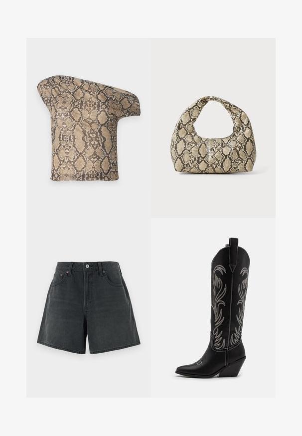 Texturerat, beige och brun ormskinnsmönstrad tygbit med en asymmetrisk form, utformad för en unik, modern stil.; Jeansshorts i mörkgrått med hög midja, klassisk femficksdesign och en ren, rak skärning med en något urtvättad textur.; Svarta lädercowboystövlar med spetsiga tår, kilklackar och silverbroderade blommönster längs skaftet. Kontraststickning genom hela stöveln.; Väskan i ormtryck har ett böjt handtag. Den är tillverkad av strukturerade, beige och bruna material och har ett distinkt diamantsmönster.