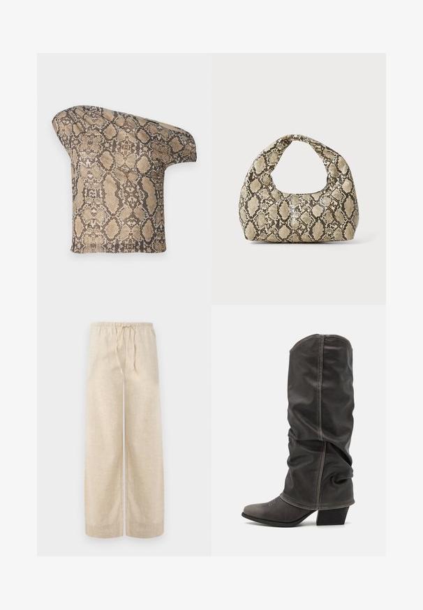 Texturiertes, beige-braunes Stoffstück im Schlangenhautmuster mit asymmetrischer Form, entworfen für einen einzigartigen, modernen Look.; Beige Leinen-Hose mit weitem Bein, elastischem Bund und Kordelzug. Der Stoff hat eine strukturierte Oberfläche, die ein leichtes und luftiges Erscheinungsbild bietet.; Graue Lederstiefel bis zur Wade mit einem lässigen Design, spitzer Zehenform und gestapelt Hohem Absatz. Auffällige Nähte im Bereich der Zehen.; Schlangenmuster-Tasche mit einem gebogenen Griff. Hergestellt aus strukturierten, beige- und braunfarbenen Materialien, die ein markantes Diamantmuster aufweisen.