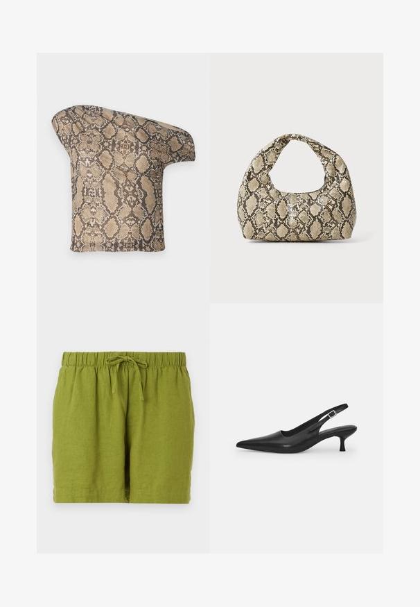 Textuur, beige en bruine slangenhuid-gepatenteerde stof met een asymmetrische vorm, ontworpen voor een unieke, moderne uitstraling.; Groene linnen shorts met een elastische tailleband en verstelbare koord, met een relaxte pasvorm en rechte zoom.; Zwarte leren slingback schoen met een puntige neus en een slanke, gebogen hak. Voorzien van een discrete verstelbare band met een metalen gesp.; Slangpatroon handtas met een gebogen handvat. Gemaakt van gestructureerde, beige en bruine materialen, met een kenmerkend ruitpatroon.