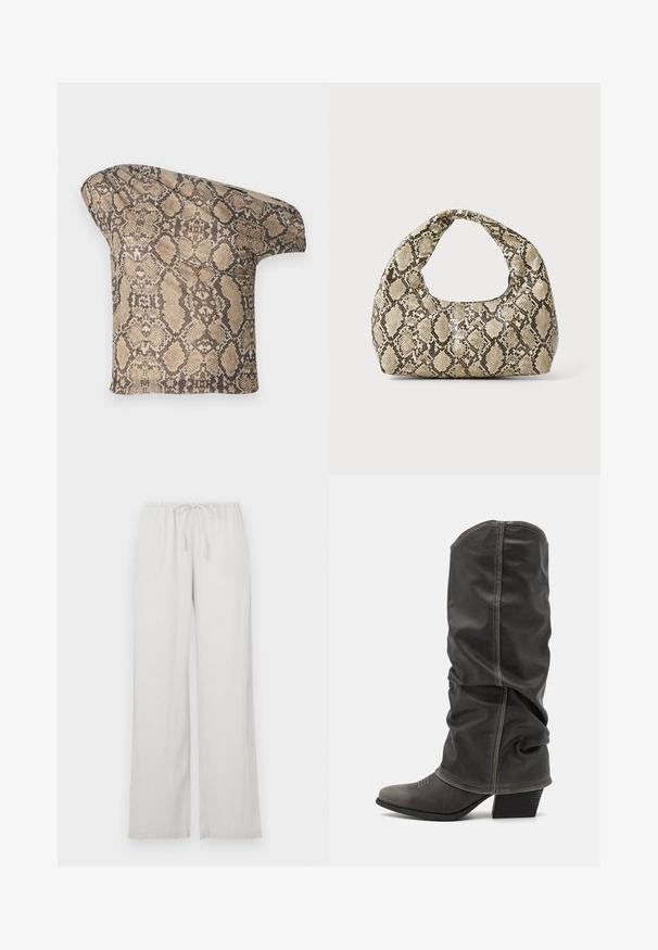 Tekstūruotas, smėlio ir rudos spalvos gyvatės odos rašto audinio gabalas su asimetrine forma, sukurtas unikaliam, moderniam įvaizdžiui.; Šviesiai pilkos plačios kelnės pagamintos iš minkštos medžiagos, su elastinga juosmena ir virvute, taip pat dviem šoninėmis kišenėmis.; Pilki odiniai batas iki blauzdų, su laisvu dizainu, smailiu pirštu ir pastatytu kulnu. Išskirtiniai siuvimo detalės ant pirštų srities.; Gyvatės rašto rankinė su kreiviu rankenėle. Pagaminta iš tekstūruotų smėlio ir rudos spalvos medžiagų, su išskirtiniu rombo raštu.