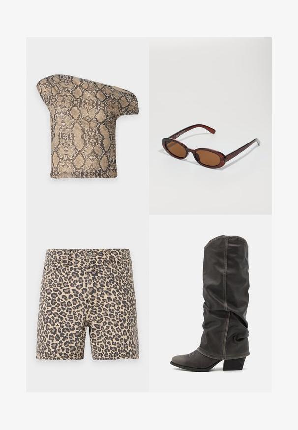 Un morceau de tissu à motif serpent texturé en beige et brun, avec une forme asymétrique, conçu pour un look moderne et unique.; Shorts en jean à imprimé léopard beige et noir. Design classique à cinq poches avec fermeture à bouton et passants de ceinture. Texture lisse.; Bottines en cuir gris hauteur mollet avec un design décontracté, bout pointu et talon empilé. Détails de couture remarquables sur la zone des orteils.; Lunettes de soleil rondes teinte brun avec une monture bordeaux brillante. Branches fines avec un détail de marque subtil. Design de verres plats.; Sac à main en motif serpent avec une poignée incurvée. Fabriqué à partir de matériaux texturés beiges et bruns, présentant un motif en diamant distinctif.
