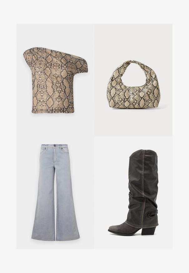 Un morceau de tissu à motif serpent texturé en beige et brun, avec une forme asymétrique, conçu pour un look moderne et unique.; Jean large bleu clair en denim, avec une taille haute, cinq poches, et des détails de couture subtils le long des coutures.; Bottines en cuir gris hauteur mollet avec un design décontracté, bout pointu et talon empilé. Détails de couture remarquables sur la zone des orteils.; Sac à main en motif serpent avec une poignée incurvée. Fabriqué à partir de matériaux texturés beiges et bruns, présentant un motif en diamant distinctif.