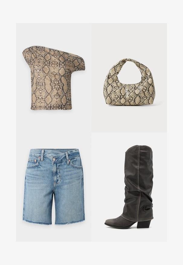 Struktureret, beige og brun slangeskinds-mønstret stofstykke med en asymmetrisk form, designet til et unikt, moderne look.; Lysblå denimshorts med frynset kant, fem-lomme design og klassisk knaplukning, der har subtilt slid og kontraststing.; Grå læder støvler op til læggen med et slouchy design, spidse tæer og stablet hæl. Bemærkelsesværdig syning detalje ved tåområdet.; Slangeprint håndtaske med et buet håndtag. Lavet af strukturerede, beige og brune materialer, med et karakteristisk diamantmønster.
