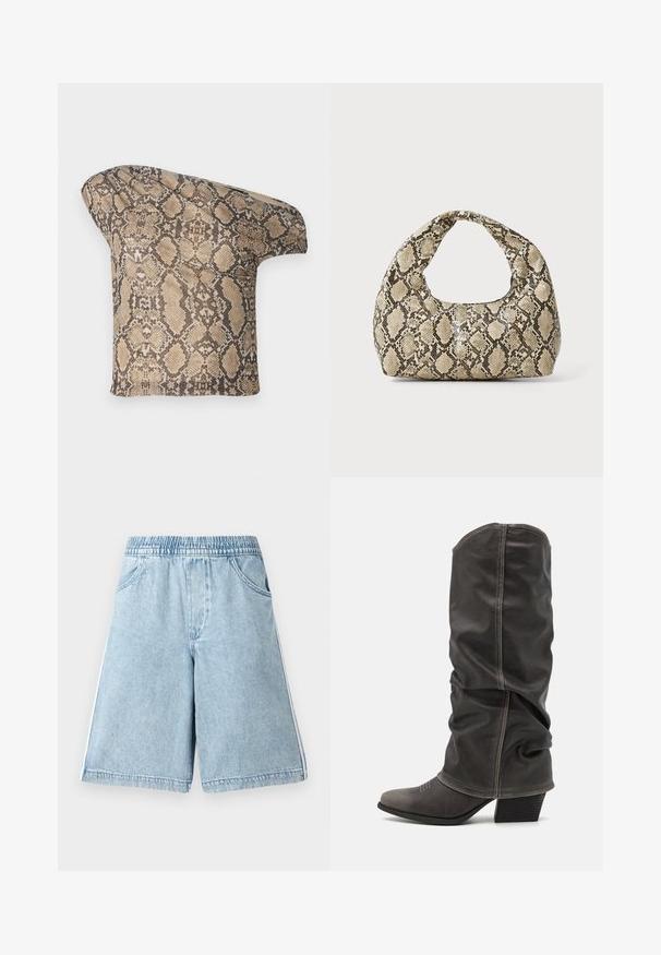 Textúrovaný kúsok látky s hnedo-bežovým hadím vzorom, s asymetrickým tvarom, navrhnutý pre jedinečný, moderný vzhľad.; Svetlo modré denimové šortky s elastickým pásom, bočnými vreckami a bielymi bočnými pruhmi, s uvoľneným strihom a hladkou textúrou.; Sivé kožené čižmy po lýtka s voľným dizajnom, špicatou špičkou a poskladaným podpätkom. Výrazné šitie v oblasti špičky.; Kabelka s hadím vzorom a zakriveným rukoväťou. Vyrobená z textúrovaných béžových a hnedých materiálov, s charakteristickým diamantovým vzorom.
