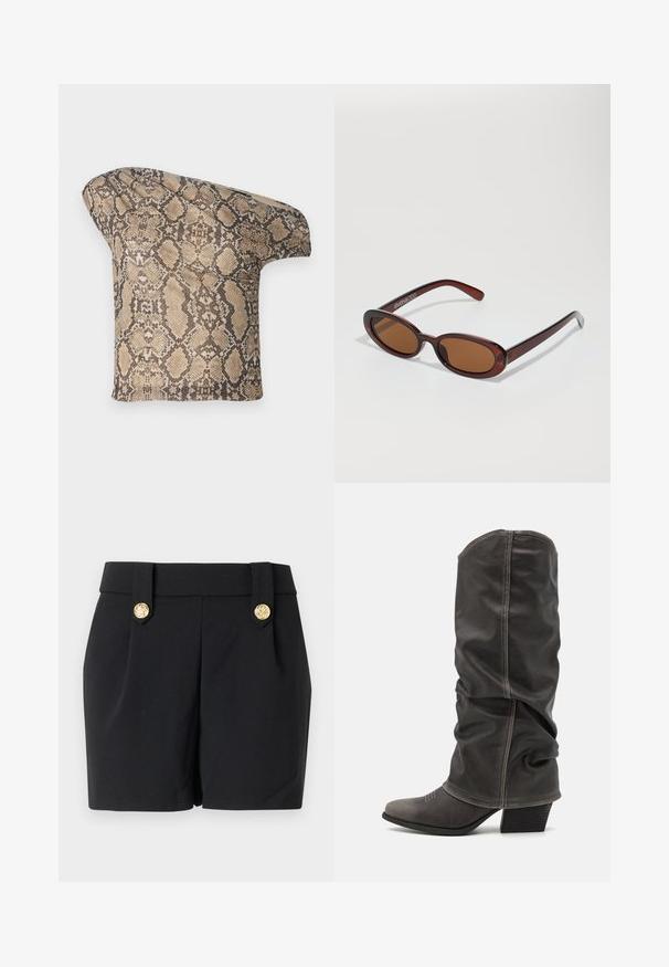 Texturiertes, beige-braunes Stoffstück im Schlangenhautmuster mit asymmetrischer Form, entworfen für einen einzigartigen, modernen Look.; Schwarze Shorts mit einem maßgeschneiderten Design, ausgestattet mit dekorativen Knöpfen in Goldoptik und einer glatten Textur. Keine Taschen oder sichtbaren Nähte.; Graue Lederstiefel bis zur Wade mit einem lässigen Design, spitzer Zehenform und gestapelt Hohem Absatz. Auffällige Nähte im Bereich der Zehen.; Runde, braun getönte Sonnenbrillen mit einem glänzenden burgunderfarbenen Rahmen. Schlanke Bügel mit dezentem Branding. Flaches Linsendesign.; Schlangenmuster-Tasche mit einem gebogenen Griff. Hergestellt aus strukturierten, beige- und braunfarbenen Materialien, die ein markantes Diamantmuster aufweisen.