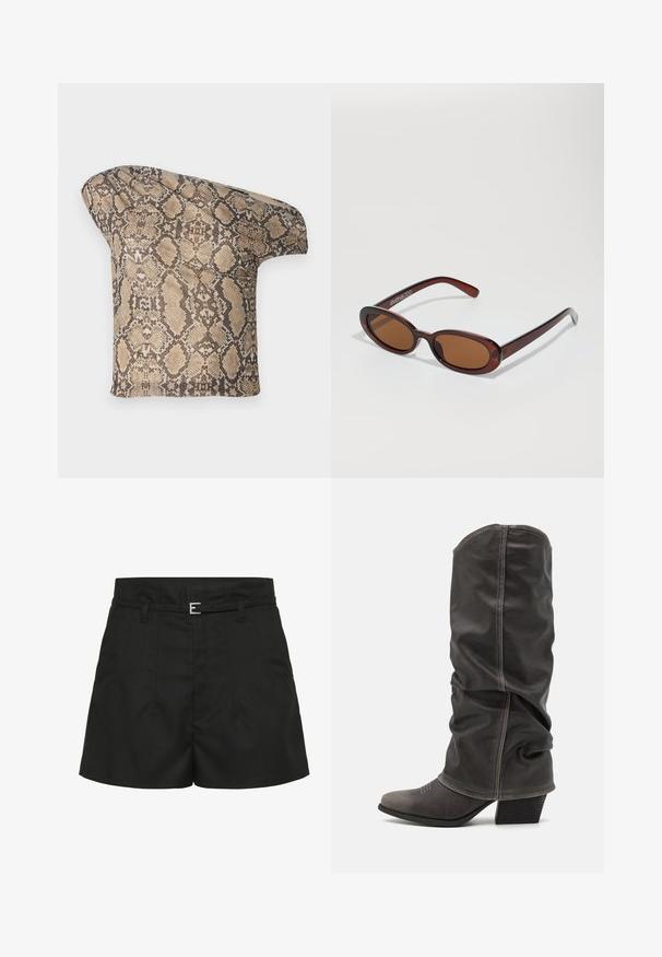 Texturovaný béžový a hnědý kousek látky s hadím vzorem, s asymetrickým tvarem, navržený pro jedinečný, moderní vzhled.; Černé šortky s vysokým pasem, s prošitými záhyby, bočními kapsami, poutky na pásek a tenkým černým pásem se stříbrnou sponou.; Šedé kožené vysoké boty po lýtka s volným designem, špičatou špičkou a vyvýšeným podpatkem. Výrazné prošívání v oblasti špičky.; Kulaté sluneční brýle hnědé barvy s lesklým burgundským rámem. Úzké nožičky s jemným logem. Rovné čočky.; Kabelka s hadím vzorem a zakřiveným držadlem. Vyrobena z texturovaných béžových a hnědých materiálů, s charakteristickým diamantovým vzorem.