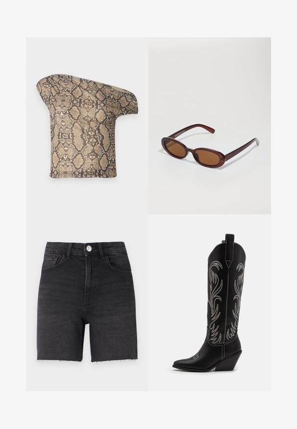 Kankaan pala, jossa on teksturoitu, beige ja ruskea käärmeennahkakuosi, epäsymmetrinen muotoilu, joka on suunniteltu ainutlaatuiseen ja moderniin ilmeeseen.; Mustat farkkushortsit, joissa on istuva muotoilu, suora leikkaus, repsottava helma, viisi taskua ja metallinappikiinnitys vyötäröllä.; Mustat nahkasaappaat cowboy-tyyliin, joissa on terävät varpaat, viistot korot ja hopeiset brodeeratut kukkakuviot varressa. Eroava ompelu koko saappaassa.; Pyöreät, ruskehtavat aurinkolasit, joissa on kiiltävä burgundinpunainen runko. Kapeat sivut, joissa on hienovarainen brändäys. Litteät linssit.; Käärmeennahkakuosiset käsilaukku, jossa on kaareva kahva. Tehty teksturoiduista beigeistä ja ruskeista materiaaleista, joissa on erottuva timanttikuvio.