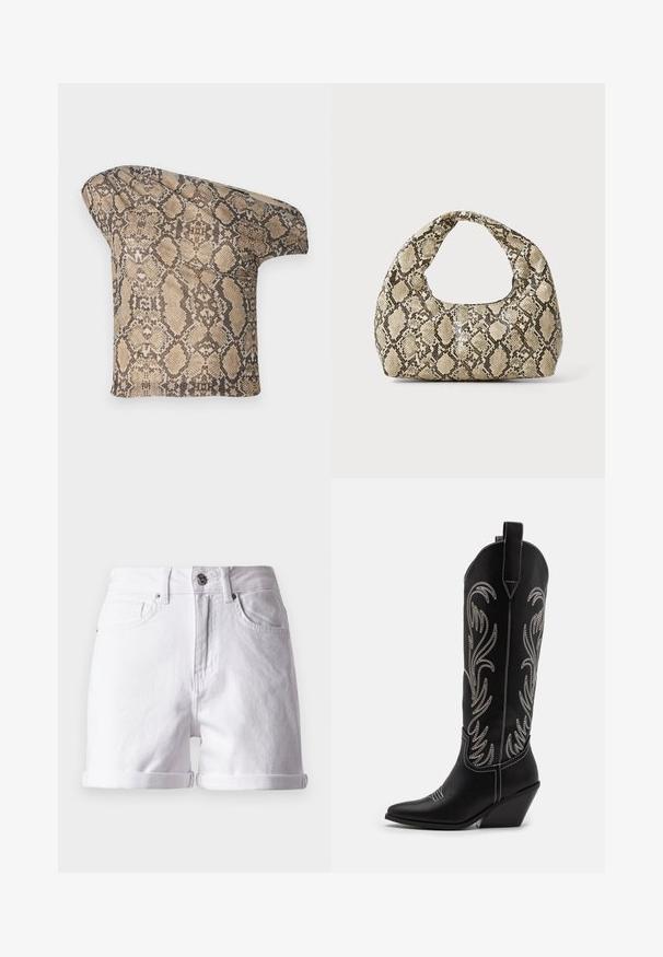 Tekstura, bež in rjava tkanina s potiskom vzorca kačje kože z asymetrično obliko, zasnovana za edinstven, sodoben videz.; Beli jeans kratke hlače klasičnega kroja, z zavitimi robovi, dvema sprednjima žepoma in zapiranjem na gumb spredaj. Gladka tekstura.; Črne usnjene kavbojske čevlje s koničastimi prsti, klinastimi petami in srebrnimi vezeninami cvetnega vzorca po vsej dolžini. Kontrastno šivanje povsod.; Torba z vzorom kače s ukrivljenim ročajem. Narejena iz teksturiranih, bež in rjavih materialov, ki imajo značilen diamante vzorec.