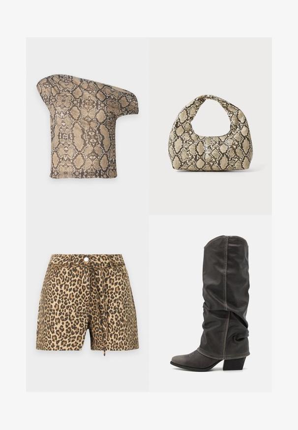 Tela texturizada en tonos beige y marrón con un patrón de piel de serpiente, con una forma asimétrica, diseñada para un aspecto moderno y único.; Pantalones cortos de estampado de leopardo con una paleta de colores beige y marrón, que cuentan con un cierre de botón, presillas para cinturón y un diseño de corte relajado.; Botas de cuero gris hasta la pantorrilla con un diseño holgado, punta afilada y tacón apilado. Detalle de costura notable en la zona de los dedos.; Bolso de mano con estampado de serpiente y asa curvada. Hecho de materiales texturizados en tonos beige y marrón, con un patrónen diamante distintivo.