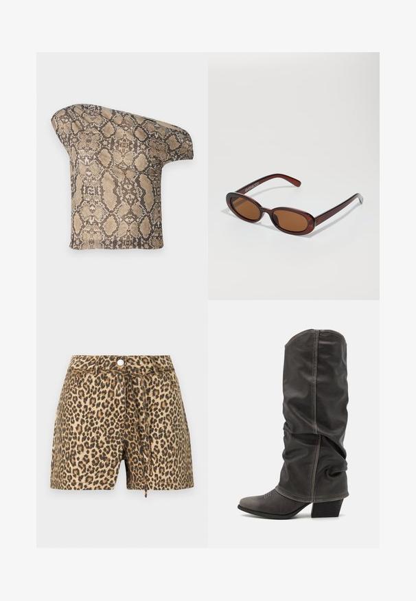 Tekstūruotas, smėlio ir rudos spalvos gyvatės odos rašto audinio gabalas su asimetrine forma, sukurtas unikaliam, moderniam įvaizdžiui.; Leopardų rašto šortai su smėlio ir rudos spalvų deriniu, turintys mygtuką, diržų kilpeles ir laisvą siluetą.; Pilki odiniai batas iki blauzdų, su laisvu dizainu, smailiu pirštu ir pastatytu kulnu. Išskirtiniai siuvimo detalės ant pirštų srities.; APvalūs, rudos spalvos saulės akiniai su blizgia burgundinės spalvos rėmeliu. Plonos šakutės su subtiliu ženklinimu. Lygus objektyvo dizainas.; Gyvatės rašto rankinė su kreiviu rankenėle. Pagaminta iš tekstūruotų smėlio ir rudos spalvos medžiagų, su išskirtiniu rombo raštu.