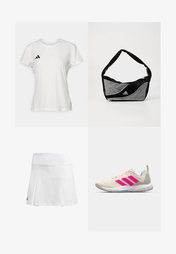 Fehér sportpóló, nedvességel szemben ellenálló anyagból készült. Rövid ujjú, kerek nyakkivágású, fekete logóval és három csíkkal ellátott emblémával a bal mellkason.; Fehér sport szoknya széles derékkal, redőzött kialakítással és lila logóval a bal oldalon. Könnyű anyagból készült.; Beige sportcipő rózsaszín háromsávos logóval, texturált hálós felső résszel, párnázott nyakkal és fehér gumitalppal, "LIGHTSTRIKE" márkajelzéssel.; Fekete és ezüst adidas táska sima textúrával, fényes tüskés mintával és jellegzetes ívelt dizájnnal.