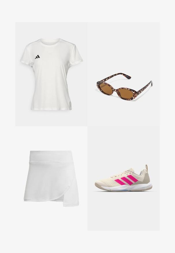 Fehér sportpóló, nedvességel szemben ellenálló anyagból készült. Rövid ujjú, kerek nyakkivágású, fekete logóval és három csíkkal ellátott emblémával a bal mellkason.; Fehér, sportos szoknya, texturált, lélegző anyagból készült. Különleges összecsukható dizájnnal rendelkezik, sima derékkal és bővülő fazonnal, ami megkönnyíti a mozgást.; Beige sportcipő rózsaszín háromsávos logóval, texturált hálós felső résszel, párnázott nyakkal és fehér gumitalppal, "LIGHTSTRIKE" márkajelzéssel.; Teknősbéka mintás napszemüveg, ovális lencsékkel, barna árnyalatú, vékony karokkal, amelyek texturált mintával rendelkeznek, könnyű műanyag keret.