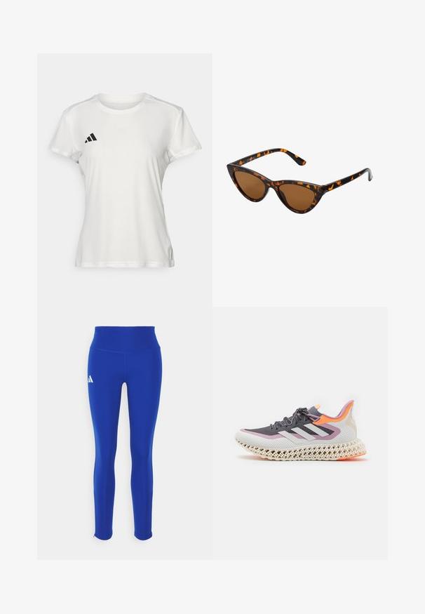 T-shirt de sport blanc en tissu à évacuation de l'humidité. Manches courtes, col rond, avec un logo noir et un emblème à trois rayures sur la poitrine gauche.; Leggings de sport bleus avec une taille haute, fabriqués à partir d'un matériau extensible, avec un logo blanc sur la hanche gauche et des ourlets discrets.; adidas Performance 4DFWD 2 W - Chaussures de running sur route - grey; Lunettes de soleil style œil de chat avec une monture en écaille de tortue noire et orange, verres marron et pointes effilées et élégantes. Présente un logo minimaliste sur la branche.