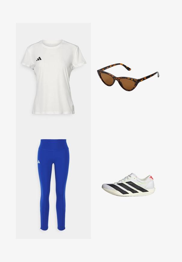 T-shirt sportivo bianco realizzato in tessuto traspirante. Maniche corte, colletto rotondo, presenta un logo nero e un emblema a tre strisce sul lato sinistro del petto.; Leggings atletici blu con vita alta, realizzati in materiale elastico, con un logo bianco sull'anca sinistra e orli discreti.; Scarpa da corsa bianca con strisce nere, tomaia in rete testurizzata, suola piatta e dettagli riflettenti. Presenta un design aerodinamico e chiusura con lacci.; Occhiali da sole cat-eye con una montatura tartarugata nera e arancione, lenti marroni e punte affusolate e eleganti. Presentano un logo minimale sulla asta.