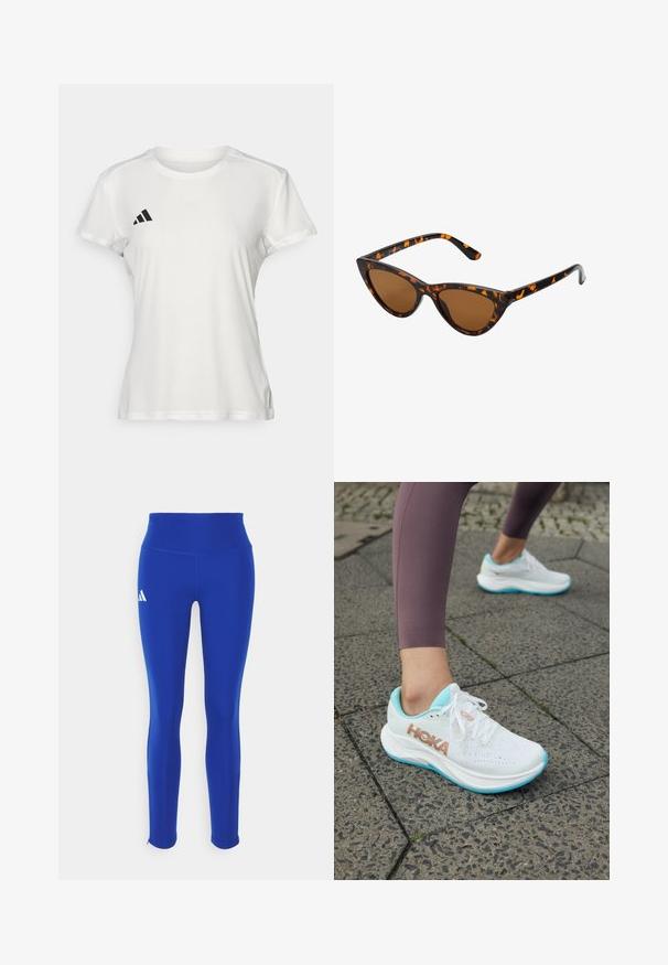 Valge sportlik t-särk niiskust eemal hoidvast kangast. Lühikesed varrukad, ümar kaelus, must logo ja kolme triibu embleem vasakul rinnal.; Sinised spordileggid, millel on kõrge vöökoht, venivast materjalist, vasakul puusal valge logo ja diskreetsed äärised.; HOKA RINCON 4 - Maanteejooksu jalatsid - frost/rose gold; Kassi vormiga prillid musta ja oranži kilpkonnakujulise raami, pruunide läätsede ja elegantsete teravate otstega. Templi juures on minimaalne logo.