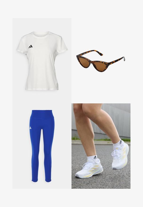 Balta sportinė marškinėliai, pagaminti iš drėgmę praleidžiančios medžiagos. Trumpi rankoviai, apvalus iškirpimas, juoda logotipas ir trijų juostų emblema kairėje krūtinės pusėje.; Mėlynos sportinės legging'os su aukštu liemeniu, pagamintos iš tamprios medžiagos, su balta logotipu ant kairiojo klubų ir diskretiškomis siūlėmis.; adidas Performance SUPERNOVA RISE W - Bėgimo batai plentui - footwear white/zero metallic/almost yellow; Katės akies saulės akiniai su juodu ir oranžiniu šarvuotu rėmeliu, ruda objektyvu ir elegantiškais, smailiais galiukais. Rėmelyje yra minimalus logotipas ant šventės.