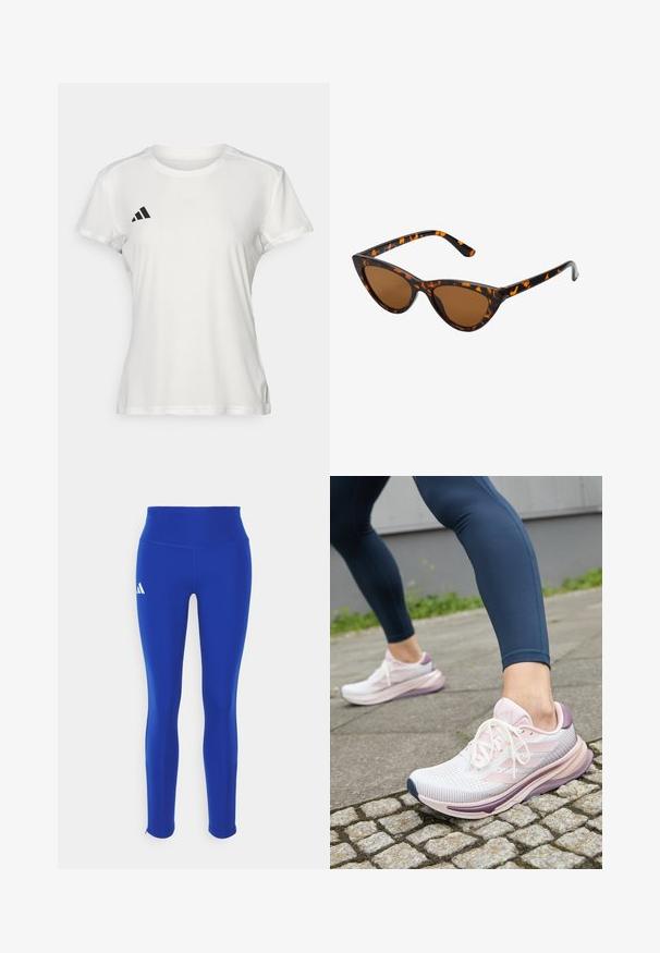 White athletic t-shirt made of moisture-wicking fabric. Short sleeves, crew neck, features black logo and three-stripe emblem on left chest.; Blue athletic leggings featuring a high waistband, made from stretchy material, with a white logo on the left hip and discreet hems.; adidas Performance SUPERNOVA SOLUTION - Road running shoes - off white/sandy pink metallic/sandy pink; Cat-eye sunglasses with a black and orange tortoiseshell frame, brown lenses, and sleek, pointed tips. Features a minimal logo on the temple.