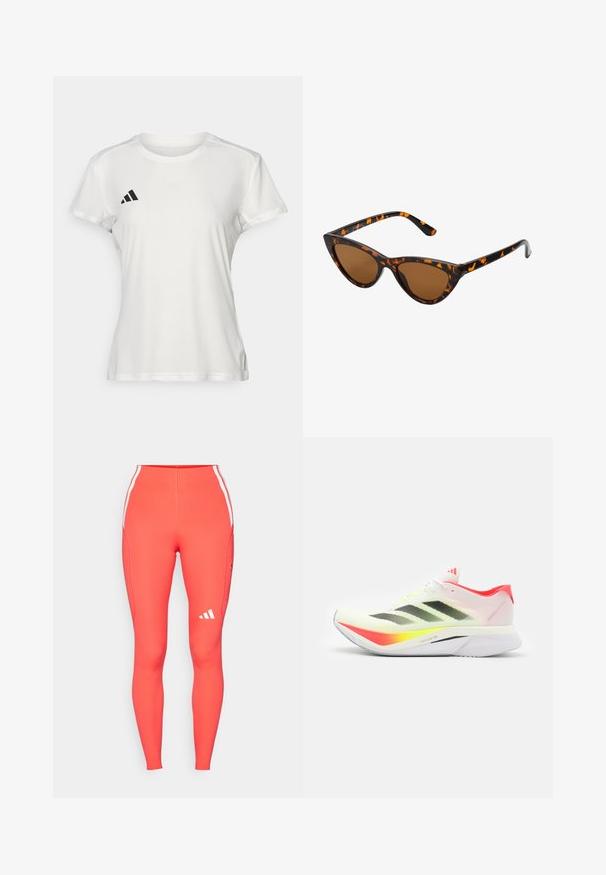 Tricou sportiv alb din material care absoarbe umezeala. Mâneci scurte, guler rotund, cu logo negru și emblemă cu trei dungi pe pieptul stâng.; Leggings înalte, ajustate, de culoare corai strălucitor, cu dungi laterale albe și un logo mic alb pe piciorul stâng. Material neted și elastic.; Pantofii de alergare au un superior din plasă albă ușoară, cu dungi negre, accente galbene neon, un toc roz și o talpă curbată albă.; Ochelari de soare în stil cat-eye, cu o ramă din material cu tortoiseshell negru și portocalie, lentile maro și vârfuri elegante, ascuțite. Prezintă un logo minimal pe brățara ochelarilor.