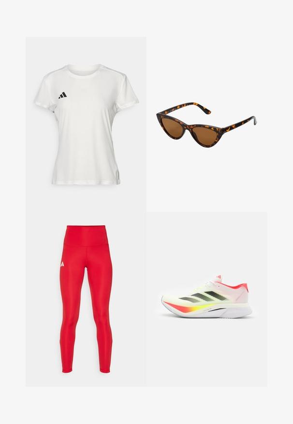 T-shirt sportivo bianco realizzato in tessuto traspirante. Maniche corte, colletto rotondo, presenta un logo nero e un emblema a tre strisce sul lato sinistro del petto.; adidas Performance Leggings da corsa lunghi - team power red; Scarpa da corsa con una leggera tomaia in mesh bianco con strisce nere, accenti giallo fluo, un tallone rosa e una suola curva bianca.; Occhiali da sole cat-eye con una montatura tartarugata nera e arancione, lenti marroni e punte affusolate e eleganti. Presentano un logo minimale sulla asta.