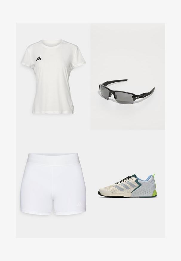 T-shirt de sport blanc en tissu à évacuation de l'humidité. Manches courtes, col rond, avec un logo noir et un emblème à trois rayures sur la poitrine gauche.; Shorts de sport blancs avec une texture lisse, taille élastique avec logo en relief et un design minimaliste.; Baskets de sport légères avec une tige en mesh crème, des rayures grises, un accent vert et un contrefort de talon texturé bleu. Lacets noirs.; Lunettes de sport noires avec verres gris, design de cadre incurvé et détail de logo sur le côté. Fabriquées en matériau plastique léger.