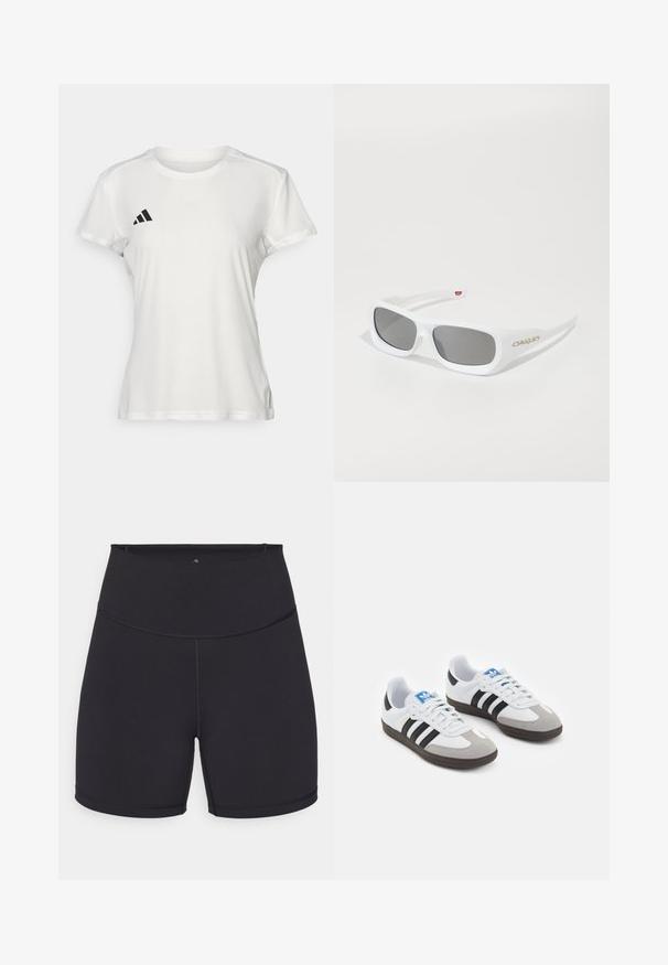 T-shirt de sport blanc en tissu à évacuation de l'humidité. Manches courtes, col rond, avec un logo noir et un emblème à trois rayures sur la poitrine gauche.; Shorts de sport noirs en tissu extensible. Dotés d'une taille haute et de coutures lisses. Adaptés pour le sport et l'exercice.; Baskets avec une tige en cuir blanc, un bout en daim gris et trois bandes noires. Présente un logo bleu sur la languette et une semelle en caoutchouc texturée.; Lunettes de soleil rectangulaires blanches Oakley avec des verres foncés reposant sur une surface blanche, logo visible sur le côté.