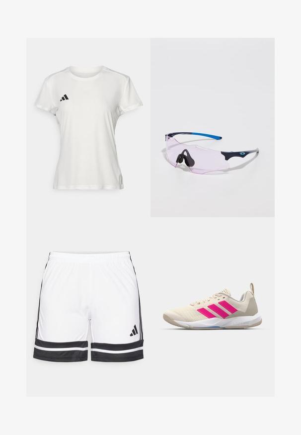 White athletic t-shirt made of moisture-wicking fabric. Short sleeves, crew neck, features black logo and three-stripe emblem on left chest.; White athletic shorts with black accents, featuring a stretchy waistband and contrasting black stripes along the hem and sides.; Beige athletic shoe with pink three-stripe logo, textured mesh upper, padded collar, and white rubber sole, featuring "LIGHTSTRIKE" branding.; Sport sunglasses with a transparent pink lens. Features dark blue and light gray frames. Adjustable nose pads enhance comfort.