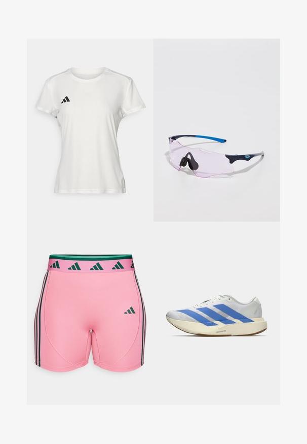 Witte sportieve T-shirt van vochtafvoerende stof. Korte mouwen, ronde hals, met zwart logo en drie-strepenembleem op de linkerkant van de borst.; Roze sportshorts met een rekbare, gladde textuur, voorzien van groene en zwarte verticale strepen langs de zijkanten en een bijpassende tailleband.; Witte sportschoen met blauwe strepen, geztructureerde bovenkant, platte zool en "LIGHTSTRIKE PRO" branding aan de zijkant. Laag profiel ontwerp.; Sportzonnebril met een transparante roze lens. Voorzien van donkerblauwe en lichtgrijze monturen. Verstelbare neuspads verhogen het comfort.