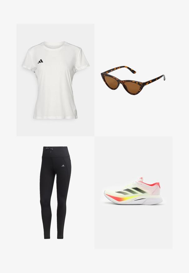 T-shirt de sport blanc en tissu à évacuation de l'humidité. Manches courtes, col rond, avec un logo noir et un emblème à trois rayures sur la poitrine gauche.; Leggings noirs avec taille haute, cordon de serrage et poches latérales. Fabriqués à partir d'un tissu lisse avec un accent de logo réfléchissant.; Chaussure de course avec une tige en mesh blanc léger ornée de bandes noires, d'accents jaune fluo, d'un talon rose et d'une semelle extérieure blanche courbée.; Lunettes de soleil style œil de chat avec une monture en écaille de tortue noire et orange, verres marron et pointes effilées et élégantes. Présente un logo minimaliste sur la branche.