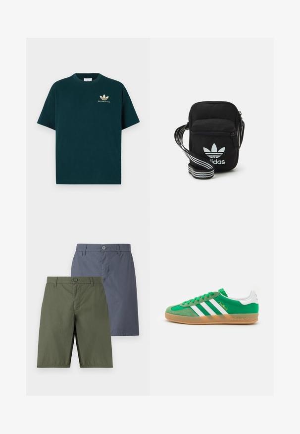 T-shirt en coton vert foncé avec un col rond, des manches courtes et un logo doré imprimé représentant trois feuilles et le mot "BASKETBALL."; Deux paires de shorts : une olive, l'autre bleu marine. Les deux présentent une fermeture à bouton, une coupe droite et un tissu lisse avec un léger éclat.; Sneakers en daim vert avec des accents en cuir blanc, arborant trois rayures blanches et une semelle en caoutchouc couleur gomme. "Gazelle" imprimé en doré.; Sac bandoulière noir en tissu avec fermeture éclair, arborant un logo Adidas blanc et une sangle réglable rayée pour un port facile.