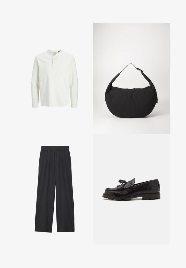 Biała, długosajtowa koszula henley z trzema guzikami i okrągłym dekoltem, prezentowana na jednolitym białym tle.; Szerokie spodnie wykonane z ciemnoszarego materiału. Posiadają pliski w talii, dopasowany krój oraz prostą sylwetkę.; Czarne skórzane mokasyny o fasonie mokasynów, z ozdobnym frędzlem i chwostem, teksturowana powierzchnia oraz masywną gumową podeszwą.; Czarna torebka na ramię o zaokrąglonym kształcie, z pojedynczym paskiem i zamknięciem na zamek. Miękka faktura, minimalistyczny design.