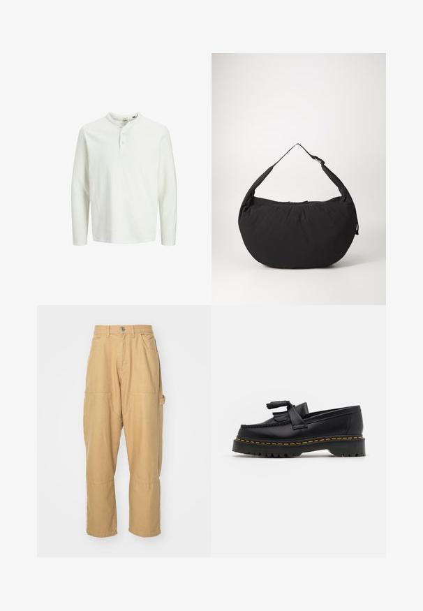 Balts garām piedurknēm henley krekls ar trim pogām un apaļu kakla izgriezumu, izlikts uz vienkārša balta fona.; Bēša kravas bikses, izgatavotas no kokvilnas maisījuma auduma. Iekļauj vairākas kabatas, taisnas kājas un pogu aizdari jostasvietā.; Melnas ādas mokasīni ar pērlītēm uzsvaru, ar masīvu melnu zoli un dzeltenu šuvumu gar malu. Ar teksturētu apdari.; Melnas auduma plecu soma ar izliekta formu, sākotnēji ar vienu siksnu un ar rāvējslēdzēja aizdari. Mīksta tekstūra, minimālisma dizains.