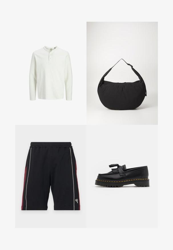 Fehér, hosszú ujjú henley póló három gombbal és kerek nyakkal, egyszínű fehér háttéren bemutatva.; Fekete, puha anyagból készült rövidnadrág, bordó oldalsó panelek, fehér díszítőcsík és egy kis szívlogó a szegélyen. Rugalmas derékpánt a kényelem érdekében.; Fekete bőr mokaszin, rojtos díszítéssel, masszív fekete talppal és sárga varrással az élén. Texturált felület.; Fekete szövet válltáska ívelt formával, egyetlen pánttal és cipzáras záródással. Puha tapintás, minimalista dizájn.