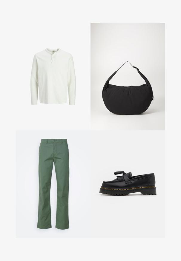 Biała, długosajtowa koszula henley z trzema guzikami i okrągłym dekoltem, prezentowana na jednolitym białym tle.; Zielone bawełniane spodnie o prostym kroju, z zapięciem na guzik z przodu i bocznymi kieszeniami. Gładka faktura, bez wzorów.; Czarny skórzany mokasyn z frędzelkowymi akcentami, z masywną czarną podeszwą i żółtym przeszyciem wzdłuż krawędzi. Teksturowane wykończenie.; Czarna torebka na ramię o zaokrąglonym kształcie, z pojedynczym paskiem i zamknięciem na zamek. Miękka faktura, minimalistyczny design.
