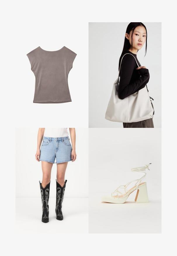 Haut gris à manches courtes, coupe décontractée, tissu léger, texture lisse, large encolure ronde, coutures minimales et bords ourlés.; Shorts en denim bleu à la coupe classique, accompagnés de bottes de cow-boy en cuir noir avec des motifs brodés blancs et des orteils pointus.; Sandale blanche à talons hauts avec un talon épais, présentant un design à lanières et un lien autour de la cheville. Texture lisse avec une plateforme à l'avant pour une hauteur supplémentaire.; Sac à main beige en matériau souple, avec un design décontracté, des détails cousus et deux poignées. Idéal pour un usage quotidien.