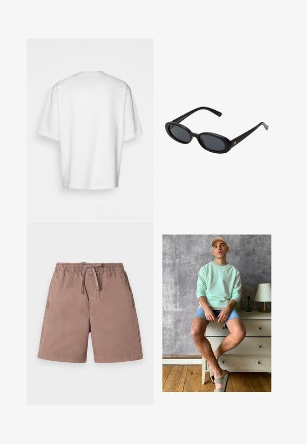 T-shirt blanc à manches courtes avec encolure ronde, fabriqué en coton. Design simple, sans motifs ni accents, vu de dos.; Shorts beige clair en tissu doux avec une taille élastique et un cordon de serrage. Comprend des poches latérales et un design décontracté.; Sweatshirt vert menthe, shorts en denim et chaussures à enfiler vert olive. Assis sur un bureau en bois clair contre un mur texturé gris.; Lunettes de soleil noires surdimensionnées avec des verres ovoïdes, monture en plastique lisse et accents dorés sur les tempes. Les verres sombres offrent une protection contre le soleil.