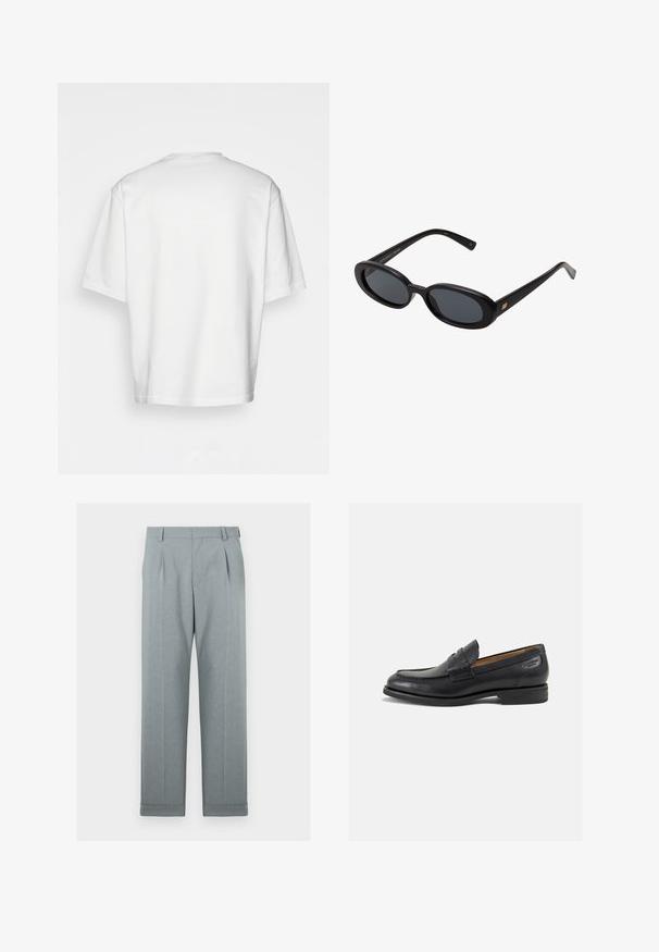 Weißes T-Shirt mit kurzen Ärmeln, lockere Passform, runder Ausschnitt, glattes Baumwollmaterial, ungeschmückter Rücken, gerader Saum, keine Muster oder Akzente.; Helle graue Hose aus strukturiertem Stoff mit geradem Bein, einfachen Falten und umgeschlagenen Säumen. Minimalistisches und maßgeschneidertes Erscheinungsbild.; Schwarze Leder Slipper mit glatter Oberfläche, runder Spitze und dekorativer Naht auf dem Vorderblatt. Niedriger Blockabsatz und leichter Glanz.; Schwarze, oversized Sonnenbrillen mit ovalen Gläsern, glattem Kunststoffrahmen und goldenen Akzenten an den Bügeln. Die dunklen Gläser bieten Sonnenschutz.