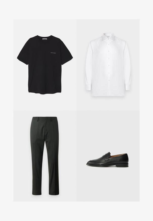 Sort bomulds T-shirt med rund hals, korte ærmer og en hvid logo print på venstre bryst. Simpelt, ensfarvet design.; Hvid langærmet skjorte med knapper, lavet af glat stof, med en standard krave og en række perle-lignende knapper langs fronten.; Bukser i mørkegrå stof med lige ben, flad front og bæltestropper. Glat tekstur med en subtil vævemønster.; Sort læder loafer med rund tå, diskret syning, og lav hæl, der har en glat tekstur og minimalistisk design.