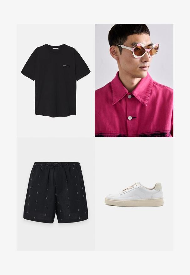 Black cotton T-shirt with a crew neck, short sleeves, and a white logo print on the left chest. Simple, solid color design.; Black linen shorts with an elastic waistband and drawstring. Features small white geometric patterns throughout the fabric.; White sneaker featuring a smooth leather upper, beige laces, and a textured beige suede heel tab. Elevated sole for added height.; White and pink oversized sunglasses with a curved frame, featuring brown tinted lenses. Model wears a pink denim jacket with a collar.