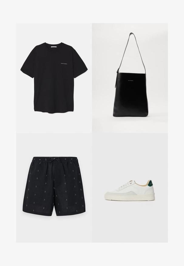 Musta puuvillapaita, jossa on pyöreä kaula-aukko, lyhyet hihat ja valkoinen logopainatus vasemmassa rinnassa. Yksinkertainen, tasavärinen design.; Mustat pellavashortsit, joissa on joustava vyötärö ja nauha. Kankaassa on pieniä valkoisia geometrisia kuvioita.; Valkoiset tennarit, joissa on nahkaosia, pyöreä kärki, tasaiset nauhat ja kermaisa kumi-pohja. Takana vihreä brändäys.; Musta nahkainen olkalaukku, jossa on sileä pinta, suorakulmainen muoto ja pitkä hihna; keskellä on pieni valkoinen logo.