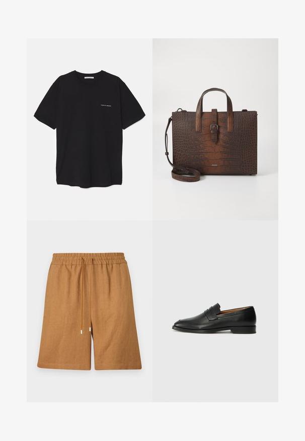 Melnas kokvilnas T-krekls ar apaļu kaklu, īsām piedurknēm un baltu logotipa uzdruku kreisajā krūtī. Vienkāršs, vienkrāsains dizains.; Brūni lina šorti ar elastīgu jostasvietu, aukliņas aizdari un brīvu piegriezumu. Izceltas ar gludu tekstūru un uzšūtiem malām.; Melnas ādas loafers ar noapaļotu purngala formu, smalku izšuvumu un zemu papēdi, piedāvājot gludu tekstūru un minimālistisku dizainu.; Brūna krokodila ādas rokassoma ar augšējiem rokturiem un noņemamu plecu siksnu. Iezīmes: sprādzes aizdare un taisnstūra forma.