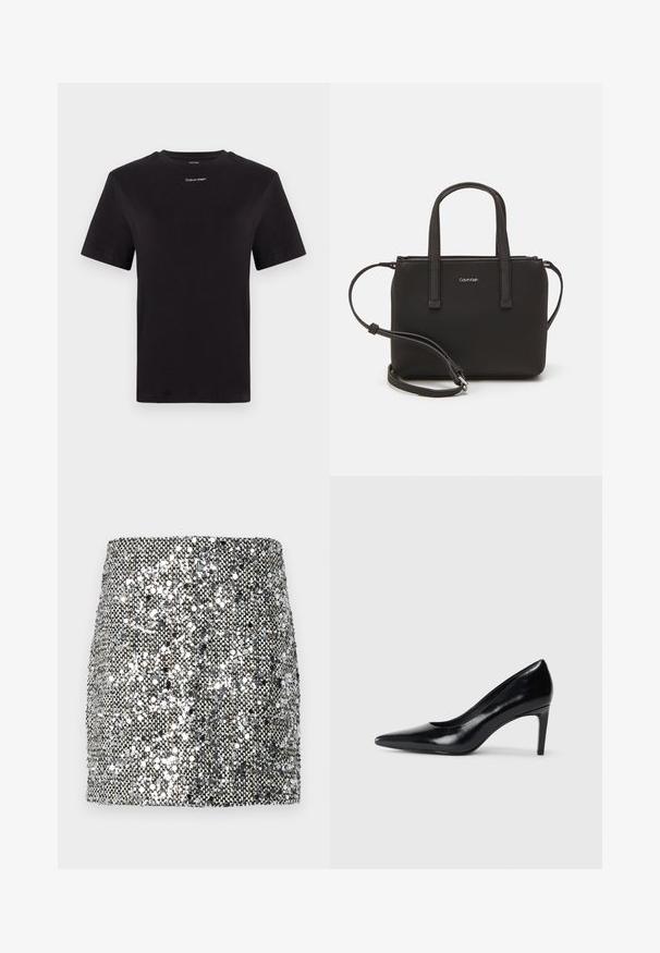 Črna bombažna majica s kratkimi rokavi, okroglim izrezom in majhnim belim logotipom "Calvin Klein" na prsih. Gladka tekstura, klasičen kroj.; Mini krilo s sequini v metalno srebrni in črni barvni shemi, teksturirana površina z odsevajočimi sequini ter prilegajoča zasnova.; Črna usnjena črna čevlja na visokem petu z zašiljenim prstom, gladko teksturo in zoženim peto. Minimalističen dizajn, brez dodatnih okraskov.; Črna torbica z dvema kratkima ročajema in odstranljivim naramnim trakom. Gladek usnju podoben material z zadrgo in podrobnostmi z logotipom.